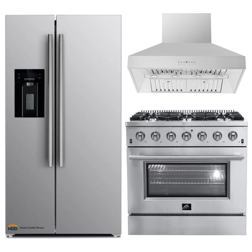 Forno 3-Piece Appliance Package - 36-Inch Gas Range, Refrigerator with Water Dispenser, & Wall Mount Hood in Stainless Steel - APW3-6244-36-H
