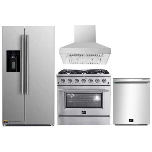 Forno 4-Piece Appliance Package - 36-Inch Gas Range, Refrigerator with Water Dispenser, Wall Mount Hood, & 3-Rack Dishwasher in Stainless Steel - APW4-6244-36-H