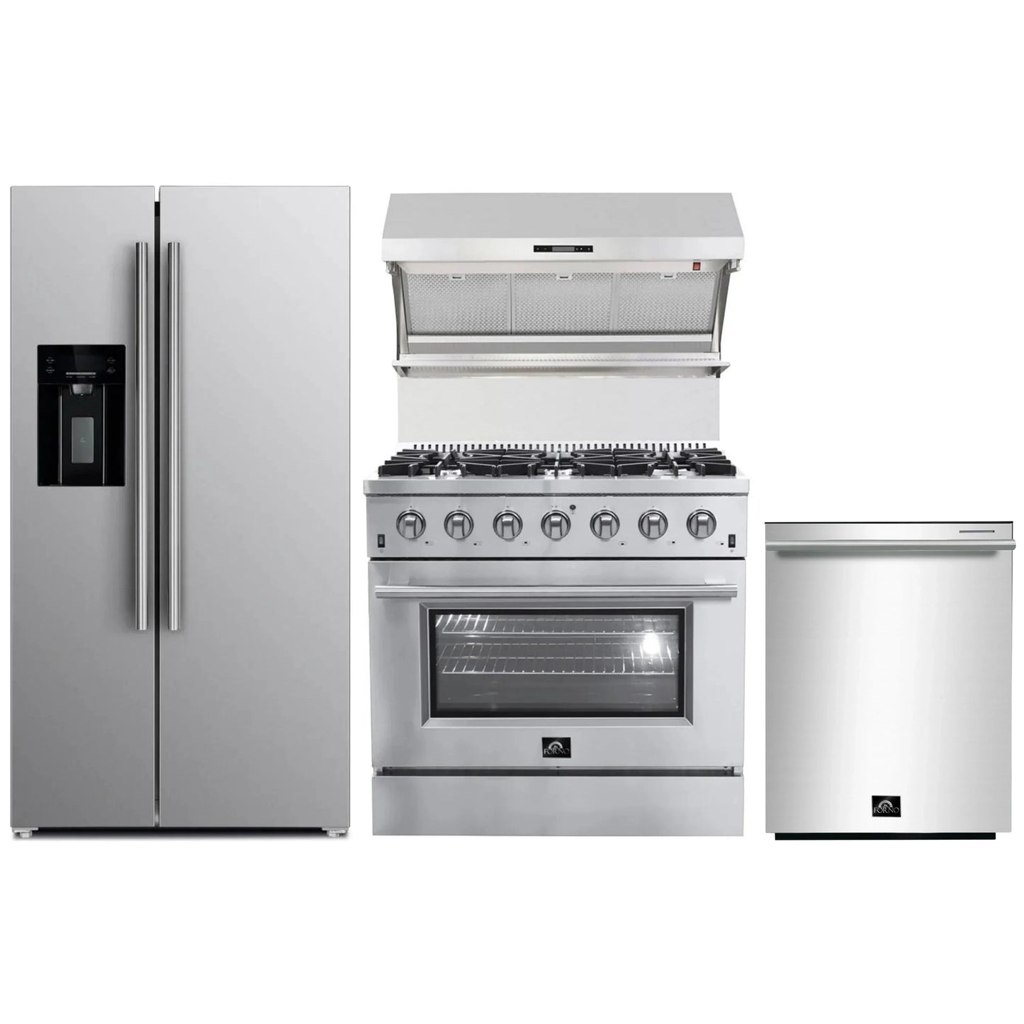 Forno 4-Piece Appliance Package - 36-Inch Gas Range, Refrigerator with Water Dispenser, Wall Mount Hood with Backsplash, & 3-Rack Dishwasher in Stainless Steel - APW4-6244-36