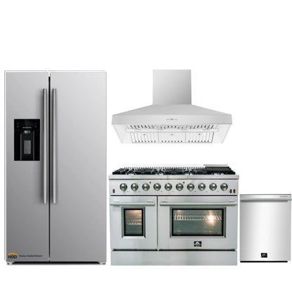 Forno 4-Piece Appliance Package - 48-Inch Gas Range, Refrigerator with Water Dispenser, Wall Mount Hood, & 3-Rack Dishwasher in Stainless Steel - APW4-6244-48-H