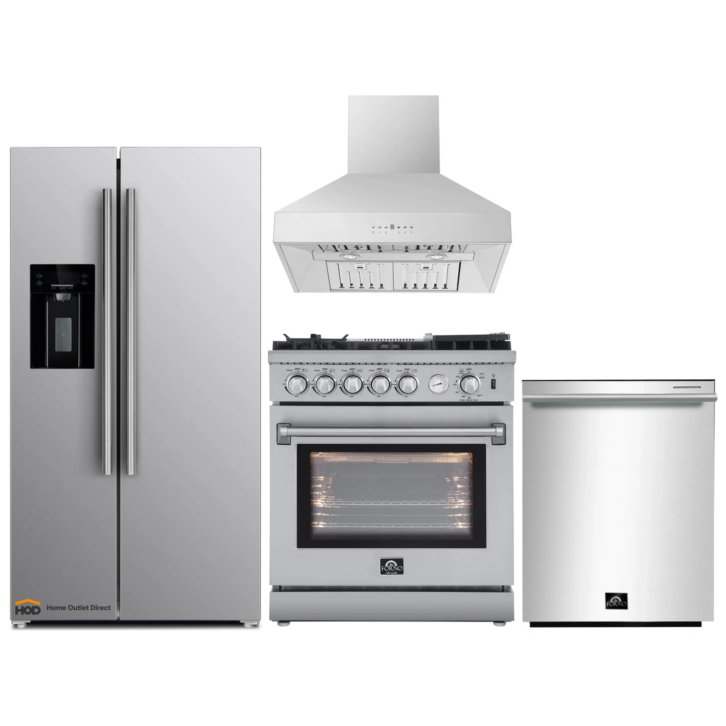 Forno 4-Piece Appliance Package - 30-Inch Gas Range with Air Fryer, Refrigerator with Water Dispenser, Wall Mount Hood, & 3-Rack Dishwasher in Stainless Steel - APW4-6276-30-H