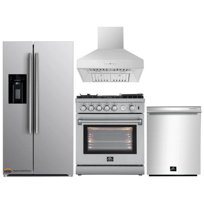 Forno 4-Piece Appliance Package - 30-Inch Gas Range with Air Fryer, Refrigerator with Water Dispenser, Wall Mount Hood, & 3-Rack Dishwasher in Stainless Steel - APW4-6276-30-H