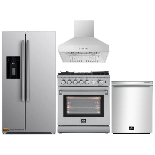 Forno 4-Piece Appliance Package - 30-Inch Gas Range with Air Fryer, Refrigerator with Water Dispenser, Wall Mount Hood, & 3-Rack Dishwasher in Stainless Steel - APW4-6276-30-H
