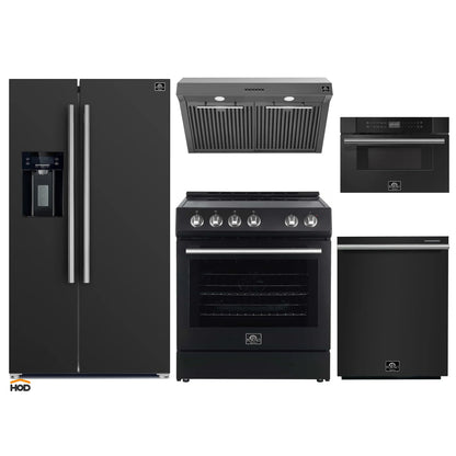 Forno 5-Piece Appliance Package - 30-Inch Electric Range, Under Cabinet Range Hood, Refrigerator with Water Dispenser, Dishwasher, and 30-Inch Microwave Drawer in Black with Stainless Steel Trim - APW5-6012-30BLK-MWD30