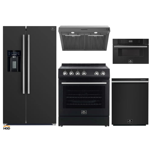 Forno 5-Piece Appliance Package - 30-Inch Electric Range, Under Cabinet Range Hood, Refrigerator with Water Dispenser, Dishwasher, and 30-Inch Microwave Drawer in Black with Stainless Steel Trim - APW5-6012-30BLK-MWD30