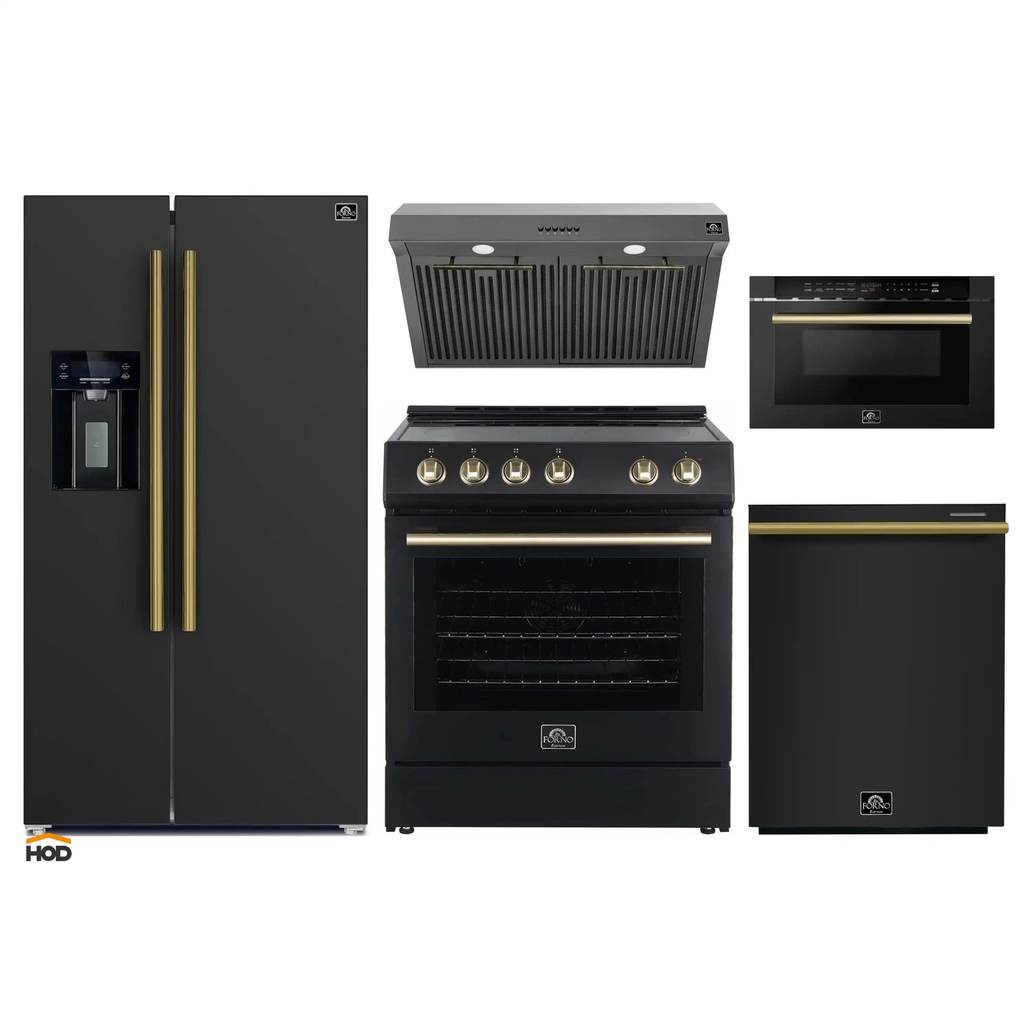 Forno 5-Piece Appliance Package - 30-Inch Electric Range, Under Cabinet Range Hood, Refrigerator with Water Dispenser, Dishwasher, and  Microwave Drawer in Black with Antique Brass Trim - APW5-6012-30BLK