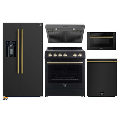 Forno 5-Piece Appliance Package - 30-Inch Electric Range, Under Cabinet Range Hood, Refrigerator with Water Dispenser, Dishwasher, and  Microwave Drawer in Black with Antique Brass Trim - APW5-6012-30BLK