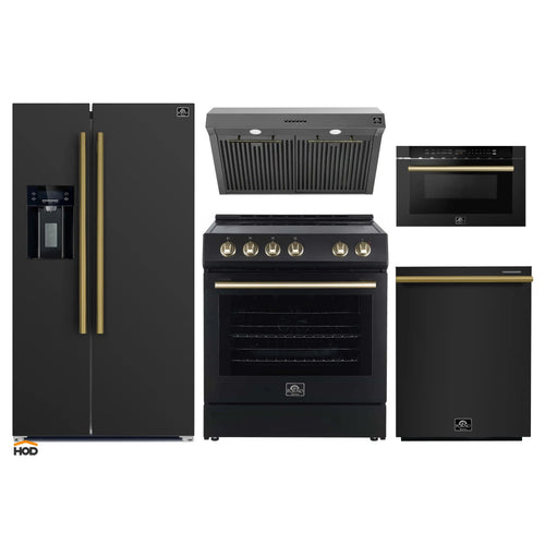 Forno 5-Piece Appliance Package - 30-Inch Electric Range, Under Cabinet Range Hood, Refrigerator with Water Dispenser, Dishwasher, and  Microwave Drawer in Black with Antique Brass Trim - APW5-6012-30BLK