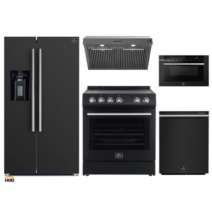 Forno 5-Piece Appliance Package - 30-Inch Electric Range, Under Cabinet Range Hood, Refrigerator with Water Dispenser, Dishwasher, and  Microwave Drawer in Black with Stainless Steel Trim - APW5-6012-30BLK