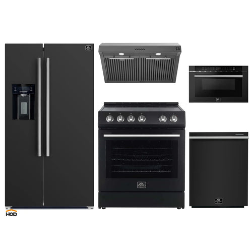 Forno 5-Piece Appliance Package - 30-Inch Electric Range, Under Cabinet Range Hood, Refrigerator with Water Dispenser, Dishwasher, and  Microwave Drawer in Black with Stainless Steel Trim - APW5-6012-30BLK