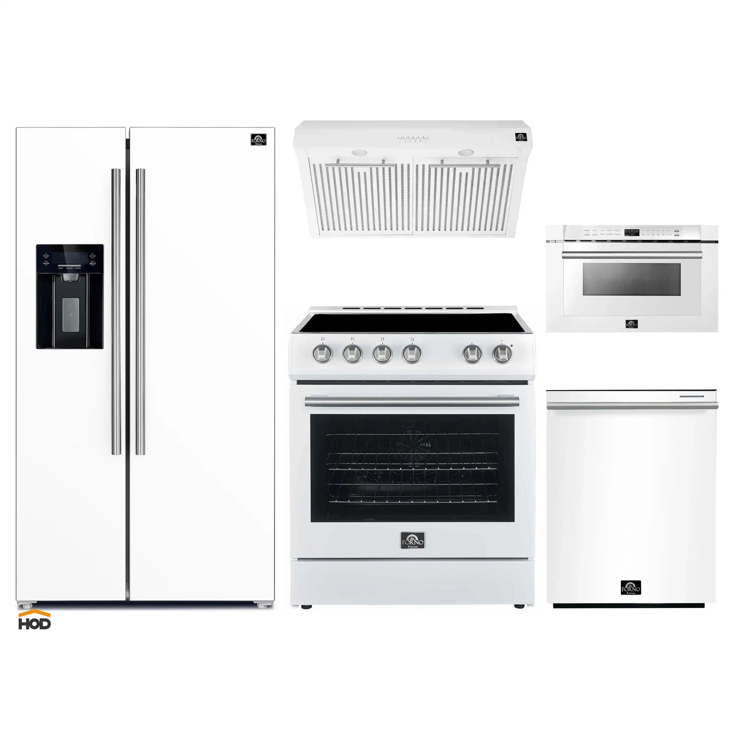 Forno 5-Piece Appliance Package - 30-Inch Electric Range, Under Cabinet Range Hood, Refrigerator with Water Dispenser, Dishwasher, and  Microwave Drawer in White with Stainless Steel Trim - APW5-6012-30WHT