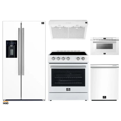 Forno 5-Piece Appliance Package - 30-Inch Electric Range, Under Cabinet Range Hood, Refrigerator with Water Dispenser, Dishwasher, and  Microwave Drawer in White with Stainless Steel Trim - APW5-6012-30WHT