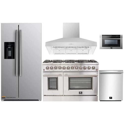 Forno 5-Piece Appliance Package - 48-Inch Dual Fuel Range, Refrigerator with Water Dispenser, Wall Mount Hood, 24-Inch Microwave Drawer, & 3-Rack Dishwasher in Stainless Steel - APW5-6156-48-H-MWD