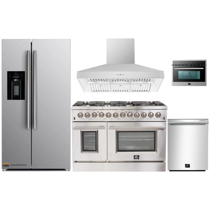 Forno 5-Piece Appliance Package - 48-Inch Dual Fuel Range, Refrigerator with Water Dispenser, Wall Mount Hood, 24-Inch Microwave Oven, & 3-Rack Dishwasher in Stainless Steel - APW5-6156-48-H-MWO