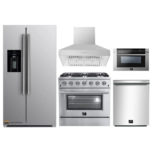 Forno 5-Piece Appliance Package - 36-Inch Gas Range, Refrigerator with Water Dispenser, W - APW5-6244-36-H-MWD - APW5-6244-36-H-MWDall Mount Hood, 24-Inch Microwave Drawer, & 3-Rack Dishwasher in Stainless Steel
