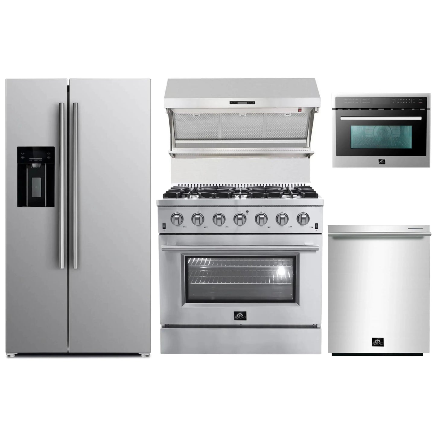 Forno 5-Piece Appliance Package - 36-Inch Gas Range, Refrigerator with Water Dispenser, Wall Mount Hood with Backsplash, 24-Inch Microwave Oven, & 3-Rack Dishwasher in Stainless Steel - APW5-6244-36-MWO