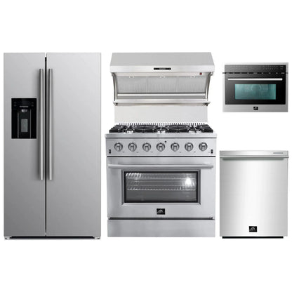 Forno 5-Piece Appliance Package - 36-Inch Gas Range, Refrigerator with Water Dispenser, Wall Mount Hood with Backsplash, 24-Inch Microwave Oven, & 3-Rack Dishwasher in Stainless Steel - APW5-6244-36-MWO