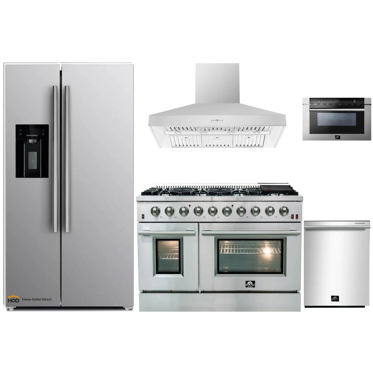 Forno 5-Piece Appliance Package - 48-Inch Gas Range, Refrigerator with Water Dispenser, Wall Mount Hood, 24-Inch Microwave Drawer, & 3-Rack Dishwasher in Stainless Steel - APW5-6244-48-H-MWD