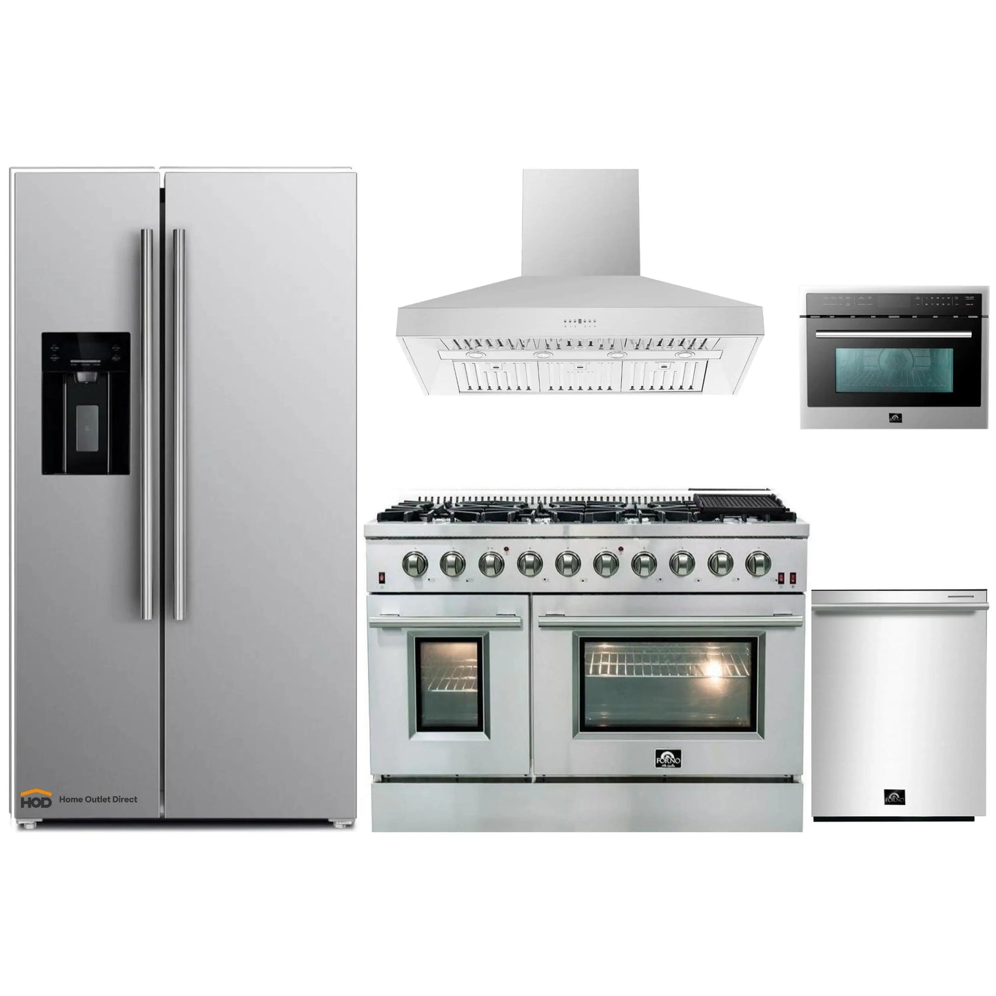 Forno 5-Piece Appliance Package - 48-Inch Gas Range, Refrigerator with Water Dispenser, Wall Mount Hood, 24-Inch Microwave Oven, & 3-Rack Dishwasher in Stainless Steel - APW5-6244-48-H-MWO