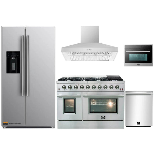 Forno 5-Piece Appliance Package - 48-Inch Gas Range, Refrigerator with Water Dispenser, Wall Mount Hood, 24-Inch Microwave Oven, & 3-Rack Dishwasher in Stainless Steel - APW5-6244-48-H-MWO