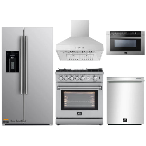 Forno 5-Piece Appliance Package - 30-Inch Gas Range with Air Fryer, Refrigerator with Water Dispenser, Wall Mount Hood, 24-Inch Microwave Drawer, & 3-Rack Dishwasher in Stainless Steel - APW5-6276-30-H-MWD