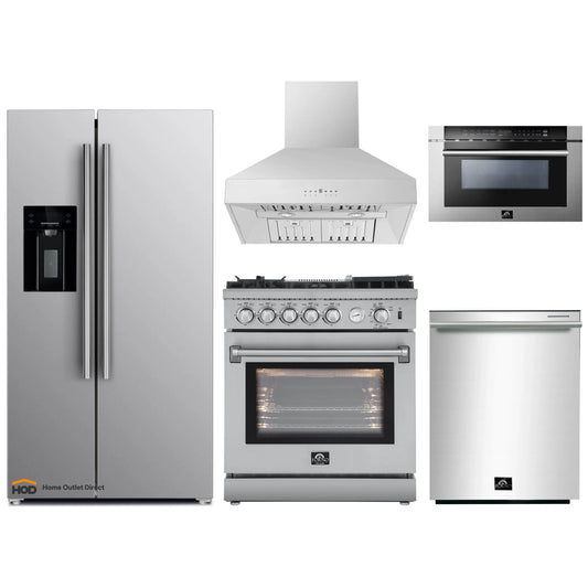 Forno 5-Piece Appliance Package - 30-Inch Gas Range with Air Fryer, Refrigerator with Water Dispenser, Wall Mount Hood, 24-Inch Microwave Drawer, & 3-Rack Dishwasher in Stainless Steel - APW5-6276-30-H-MWD