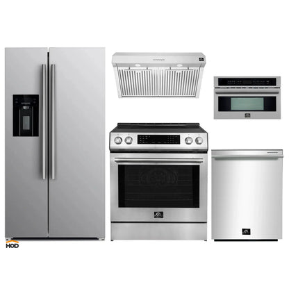 Forno 5-Piece Appliance Package - 30-Inch Induction Range, Under Cabinet Range Hood, Refrigerator with Water Dispenser, Dishwasher, and 30-Inch Microwave Drawer in Stainless Steel - APW5-905-30-MWD30