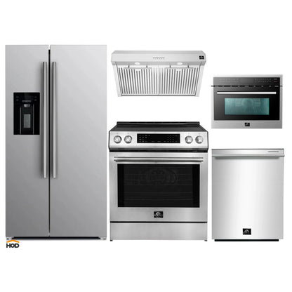 Forno 5-Piece Appliance Package - 30-Inch Inducton Range, Under Cabinet Range Hood, Refrigerator with Water Dispenser, Dishwasher, and 24-Inch Microwave Oven in Stainless Steel - APW5-905-30-MWO24