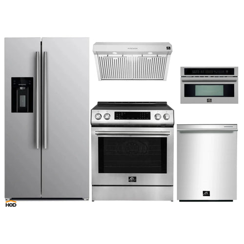 Forno 5-Piece Appliance Package - 30-Inch Induction Range, Under Cabinet Range Hood, Refrigerator with Water Dispenser, Dishwasher, and 30-Inch Microwave Oven in Stainless Steel - APW5-905-30-MWO30