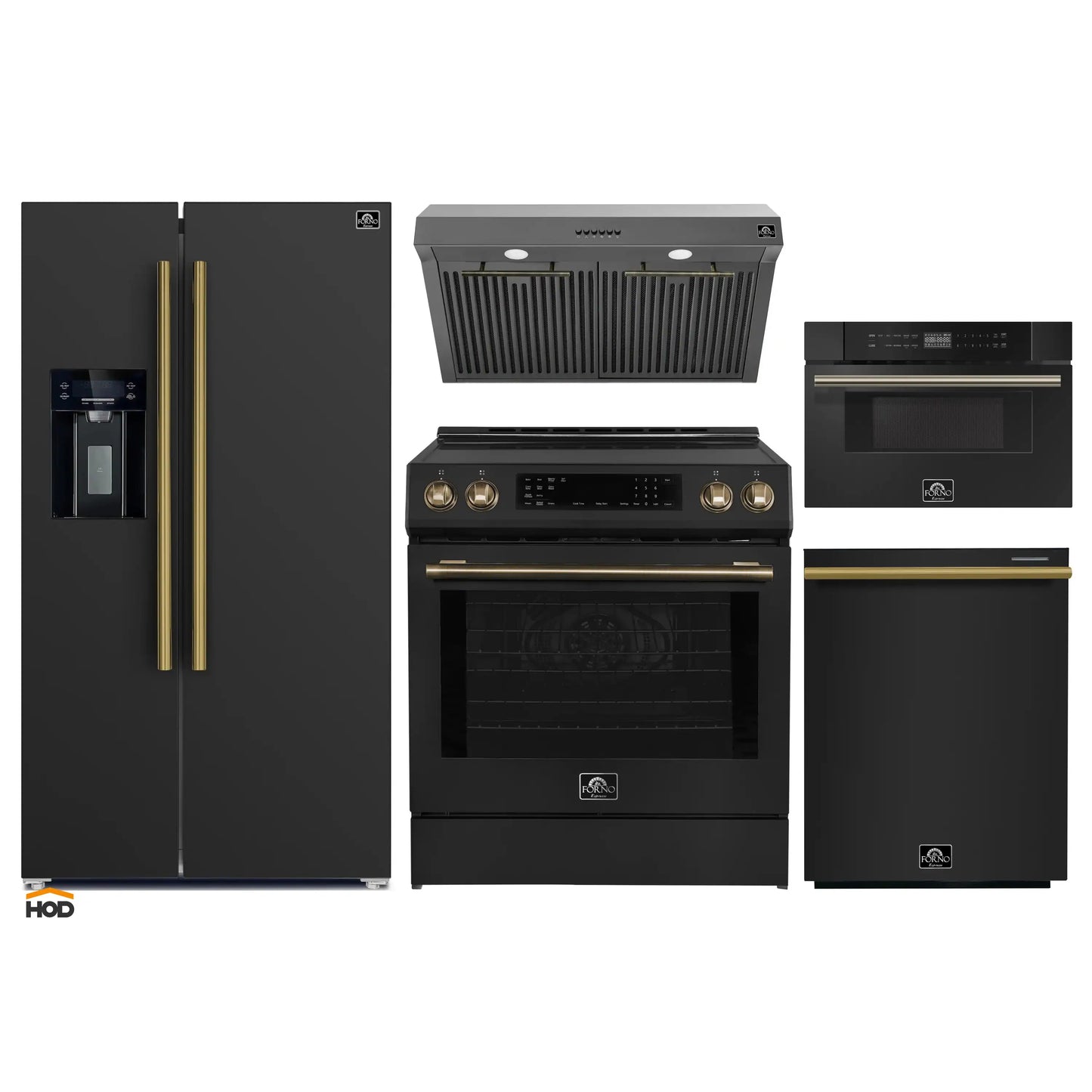 Forno 5-Piece Appliance Package - 30-Inch Induction Range, Under Cabinet Range Hood, Refrigerator with Water Dispenser, Dishwasher, and 30-Inch Microwave Drawer in Black with Antique Brass Trim - APW5-905-30BLK-MWD30