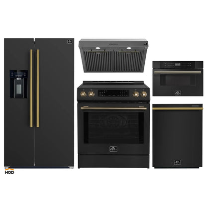 Forno 5-Piece Appliance Package - 30-Inch Induction Range, Under Cabinet Range Hood, Refrigerator with Water Dispenser, Dishwasher, and 30-Inch Microwave Drawer in Black with Antique Brass Trim - APW5-905-30BLK-MWD30