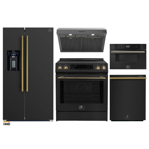 Forno 5-Piece Appliance Package - 30-Inch Induction Range, Under Cabinet Range Hood, Refrigerator with Water Dispenser, Dishwasher, and 30-Inch Microwave Drawer in Black with Antique Brass Trim - APW5-905-30BLK-MWD30