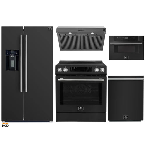 Forno 5-Piece Appliance Package - 30-Inch Induction Range, Under Cabinet Range Hood, Refrigerator with Water Dispenser, Dishwasher, and 30-Inch Microwave Drawer in Black with Stainless Steel Trim - APW5-905-30BLK-MWD30
