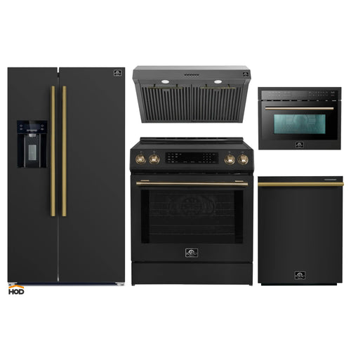 Forno 5-Piece Appliance Package - 30-Inch Inducton Range, Under Cabinet Range Hood, Refrigerator with Water Dispenser, Dishwasher, and 24-Inch Microwave Oven in Black with Antique Brass Trim - APW5-905-30BLK-MWO24