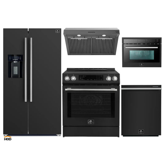 Forno 5-Piece Appliance Package - 30-Inch Inducton Range, Under Cabinet Range Hood, Refrigerator with Water Dispenser, Dishwasher, and  24-Inch Microwave Oven in Black with Stainless Steel Trim - APW5-905-30BLK-MWO24
