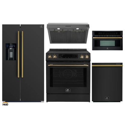 Forno 5-Piece Appliance Package - 30-Inch Induction Range, Under Cabinet Range Hood, Refrigerator with Water Dispenser, Dishwasher, and 30-Inch Microwave Oven in Black with Antique Brass Trim - APW5-905-30BLK-MWO30