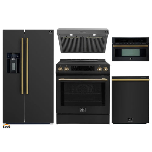 Forno 5-Piece Appliance Package - 30-Inch Induction Range, Under Cabinet Range Hood, Refrigerator with Water Dispenser, Dishwasher, and 30-Inch Microwave Oven in Black with Antique Brass Trim - APW5-905-30BLK-MWO30