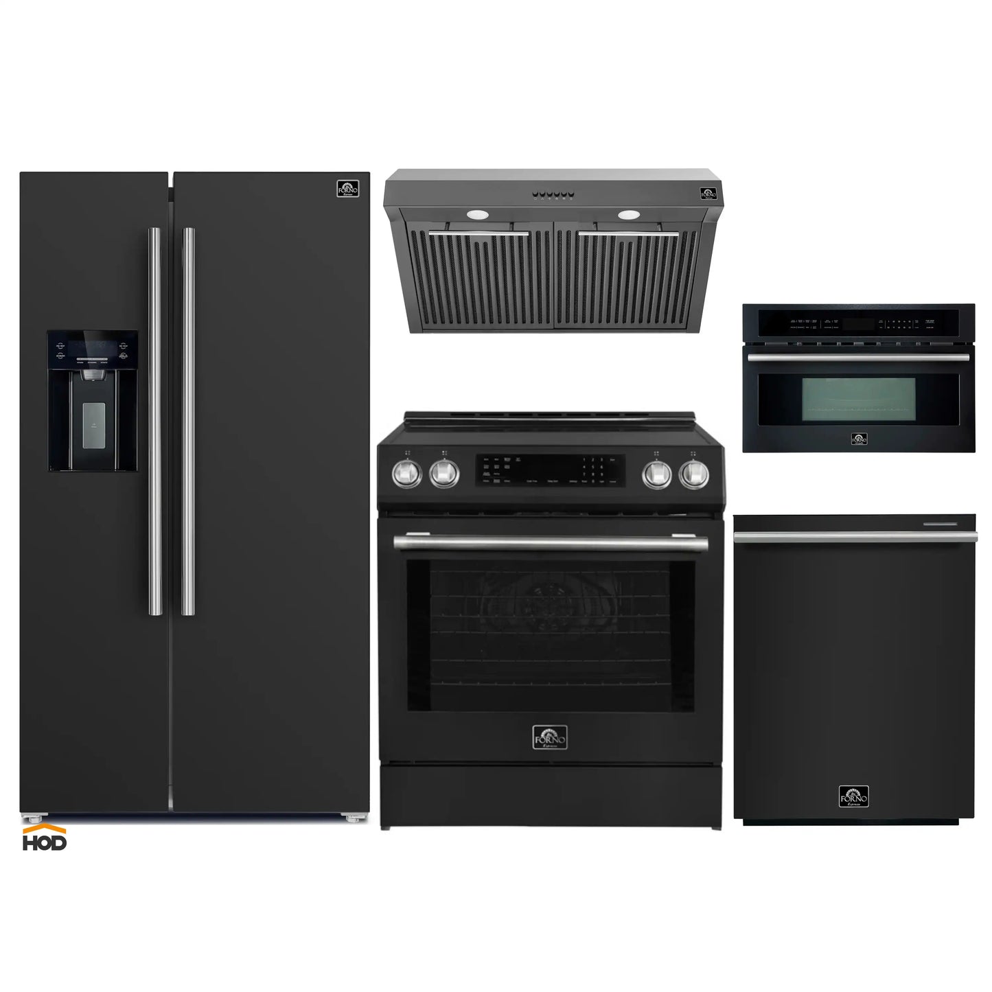 Forno 5-Piece Appliance Package - 30-Inch Induction Range, Under Cabinet Range Hood, Refrigerator with Water Dispenser, Dishwasher, and 30-Inch Microwave Oven in Black with Stainless Steel Trim - APW5-905-30BLK-MWO30