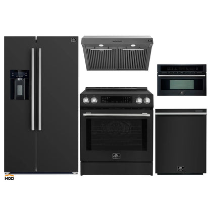 Forno 5-Piece Appliance Package - 30-Inch Induction Range, Under Cabinet Range Hood, Refrigerator with Water Dispenser, Dishwasher, and 30-Inch Microwave Oven in Black with Stainless Steel Trim - APW5-905-30BLK-MWO30