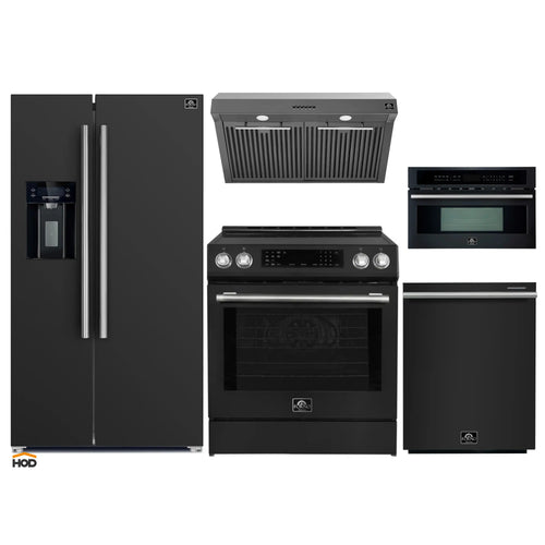 Forno 5-Piece Appliance Package - 30-Inch Induction Range, Under Cabinet Range Hood, Refrigerator with Water Dispenser, Dishwasher, and 30-Inch Microwave Oven in Black with Stainless Steel Trim - APW5-905-30BLK-MWO30