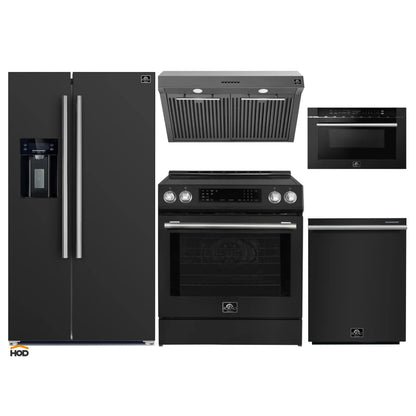 Forno 5-Piece Appliance Package - 30-Inch Induction Range, Under Cabinet Range Hood, Refrigerator with Water Dispenser, Dishwasher, and  Microwave Drawer in Black with Stainless Steel Trim - APW5-905-30BLK