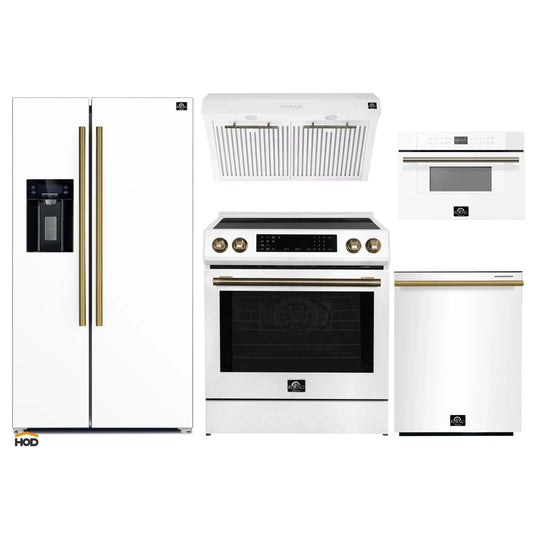 Forno 5-Piece Appliance Package - 30-Inch Induction Range, Under Cabinet Range Hood, Refrigerator with Water Dispenser, Dishwasher, and 30-Inch Microwave Drawer in White with Antique Brass Trim - APW5-905-30WHT-MWD30