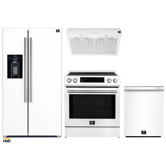 Forno 5-Piece Appliance Package - 30-Inch Induction Range, Under Cabinet Range Hood, Refrigerator with Water Dispenser, Dishwasher, and  30-Inch Microwave Drawer in White with Stainless Steel Trim - APW5-905-30WHT-MWD30