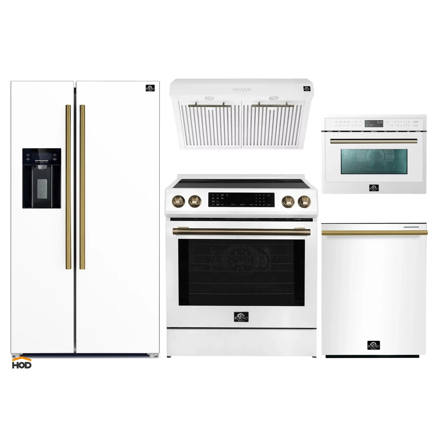 Forno 5-Piece Appliance Package - 30-Inch Inducton Range, Under Cabinet Range Hood, Refrigerator with Water Dispenser, Dishwasher, and 24-Inch Microwave Oven in White with Antique Brass Trim - APW5-905-30WHT-MWO24