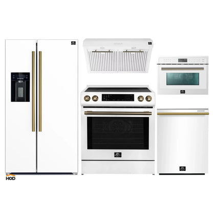 Forno 5-Piece Appliance Package - 30-Inch Inducton Range, Under Cabinet Range Hood, Refrigerator with Water Dispenser, Dishwasher, and 24-Inch Microwave Oven in White with Antique Brass Trim - APW5-905-30WHT-MWO24