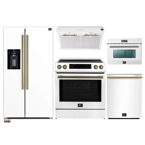 Forno 5-Piece Appliance Package - 30-Inch Inducton Range, Under Cabinet Range Hood, Refrigerator with Water Dispenser, Dishwasher, and 24-Inch Microwave Oven in White with Antique Brass Trim - APW5-905-30WHT-MWO24