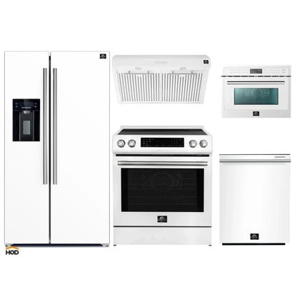 Forno 5-Piece Appliance Package - 30-Inch Inducton Range, Under Cabinet Range Hood, Refrigerator with Water Dispenser, Dishwasher, and  24-Inch Microwave Oven in White with Stainless Steel Trim - APW5-905-30WHT-MWO24