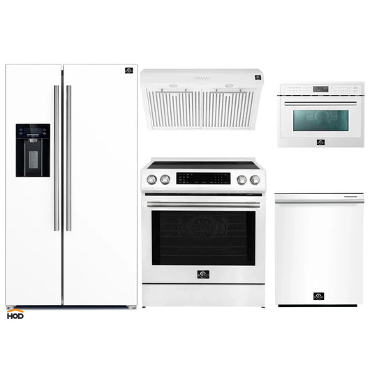 Forno 5-Piece Appliance Package - 30-Inch Inducton Range, Under Cabinet Range Hood, Refrigerator with Water Dispenser, Dishwasher, and  24-Inch Microwave Oven in White with Stainless Steel Trim - APW5-905-30WHT-MWO24