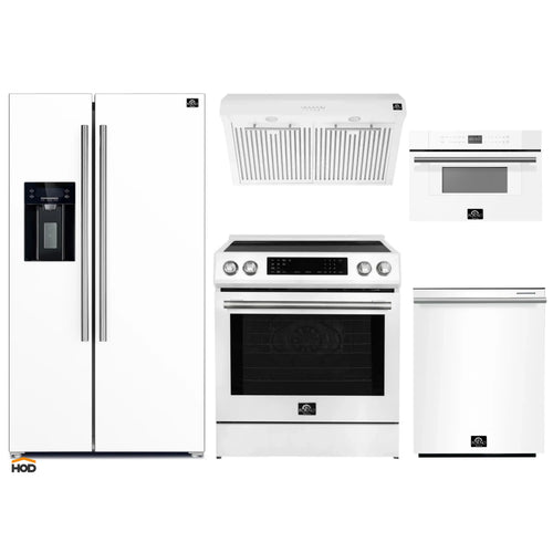 Forno 5-Piece Appliance Package - 30-Inch Induction Range, Under Cabinet Range Hood, Refrigerator with Water Dispenser, Dishwasher, and 30-Inch Microwave Oven in White with Stainless Steel Trim - APW5-905-30WHT-MWO30