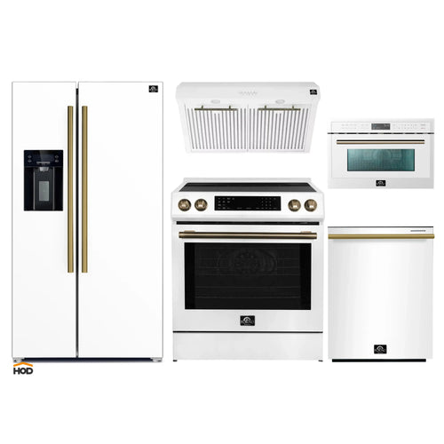 Forno 5-Piece Appliance Package - 30-Inch Induction Range, Under Cabinet Range Hood, Refrigerator with Water Dispenser, Dishwasher, and 30-Inch Microwave Oven in White with Antique Brass Trim - APW5-905-30WHT-MWO30